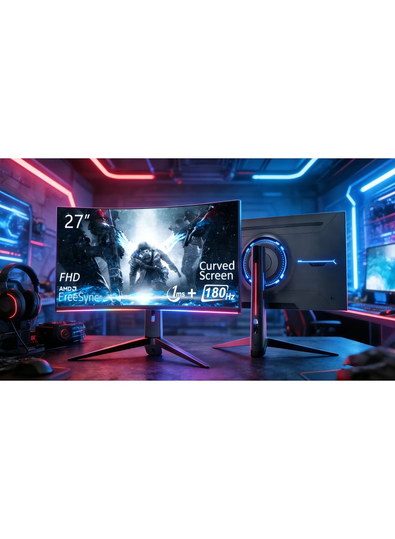 27 Inch Curved Gaming Monitor 180Hz, 1920 * 1080p 1ms Freesync Computer Monitor with LED Backlit, 1800R Curved Screen Monitor, Built-in Speaker, RGB Backlight, HDMI, DP, USB with Lifting & Rotating Stand - Image 2